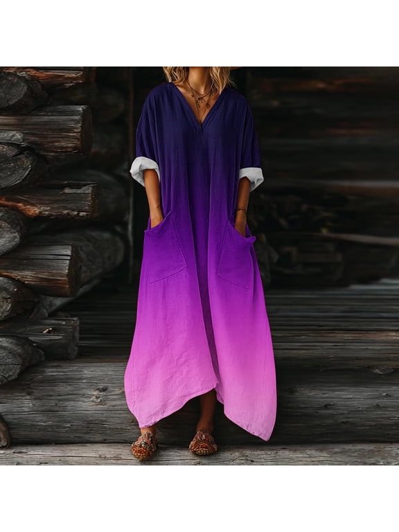Solid Loose Long Maxi Dress Cotton Caftan V Neck Batwing Sleeve Loose Dress Kaftan Dress with Pocket