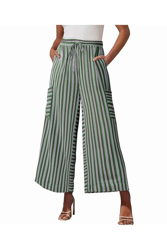 Striped Women's Pants Elastic High Waist Drawstring Wide Leg Palazzo Pants with Pockets Loose Fit Ankle Length Comfy Pants