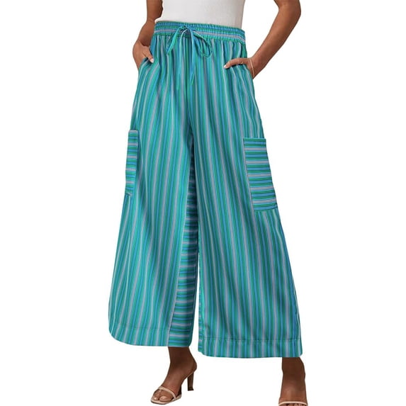 Ynynloco Striped Women's Pants Elastic High Waist Drawstring Wide Leg Palazzo Pants with Pockets Loose Fit Ankle Length Comfy Pants