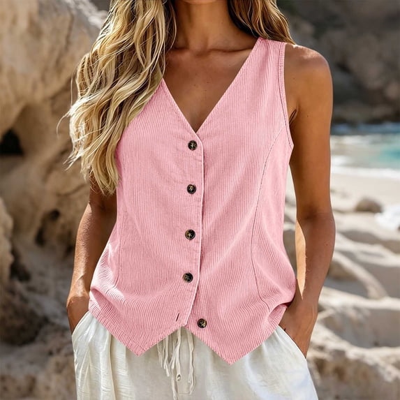 Ynynloco Suit Vest for Women Corduroy V Neck Button Down Sleeveless Business Casual Vest Tops Waistcoat Blazer Dressy Casual Vests