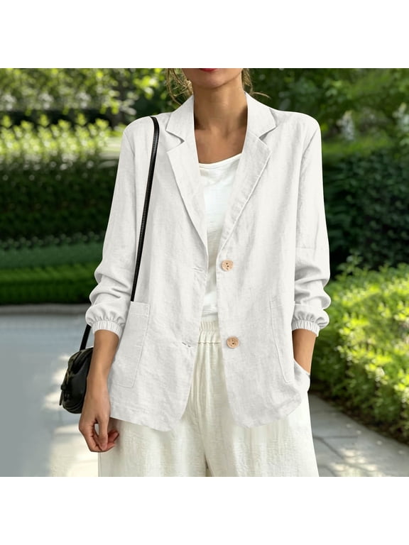 Summer Women’s 100%Cotton Blazer Jacket - Lightweight Breathable 3/4 Ruched Sleeve Button Down Casual Work with Pocket