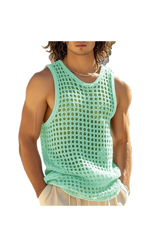 Tank Tops Men See Through Hollow Out Crochet Sleeveless Crew Neck Vest Casual Fishnet Sexy Breathable Beach Muscle Tanks