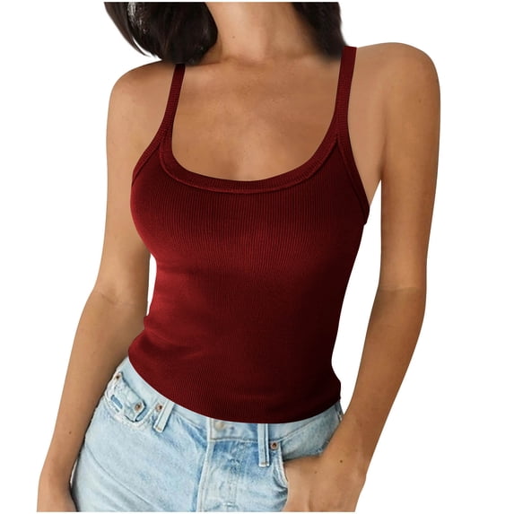 Ynynloco Tank Tops for Women Solid Color Scoop Neck Spaghetti Strap Sleeveless Ribbed Knit Vest Solid Color Casual Basic Camisole