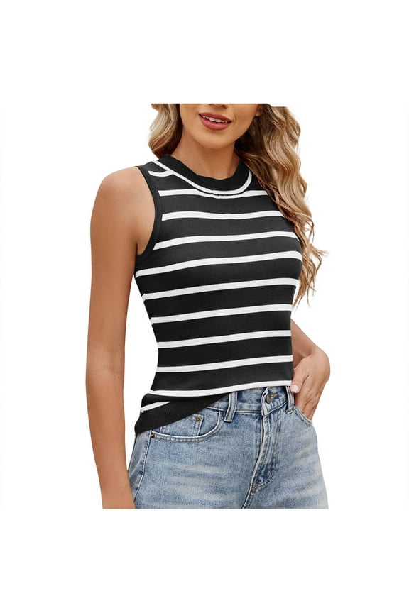 Tank Tops for Women Striped Round Neck Sleeveless Knit Pullover Shirts Lightwight Casual Trendy Comfy Oufits