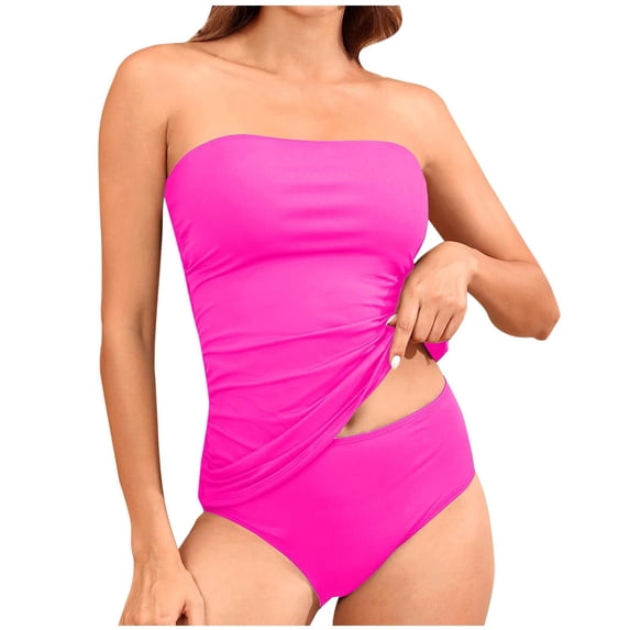 Ynynloco Tankini Swimsuits for Women Two-Piece Removable Shoulder Straps Solid Color Cover the Belly Tops with Briefs
