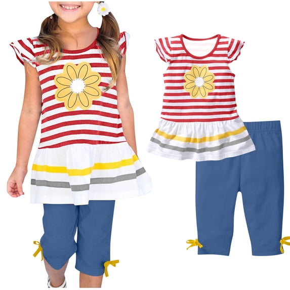 Ynynloco Toddler Girls' Striped Floral Tunic & Capri Pants Set – 2-Piece Ruffle Summer Outfit, age 1-10, Multi-Color Options