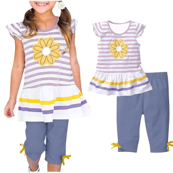 Ynynloco Toddler Girls' Striped Floral Tunic & Capri Pants Set – 2-Piece Ruffle Summer Outfit, age 1-10, Multi-Color Options