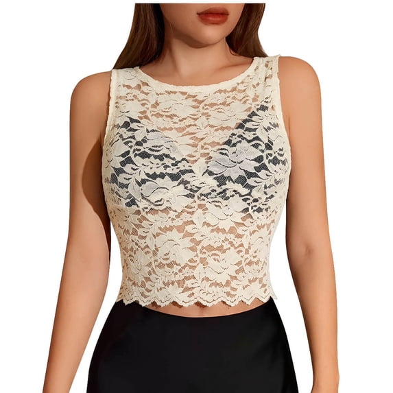 Ynynloco Tops for Women Sexy Mesh Tank Tops Cami Y2K Crop See Through Undershirts Lace Sleeveless Camisole Slim Tank Going Out Top