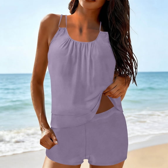 Ynynloco Two Piece Tankini Swimsuit for Women High Waisted Tummy Control Bathing Suit Double Up Tankini Set with Boyshorts