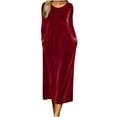 thumbnail image 1 of Ynynloco Velvet Dress for Women Long Sleeve Crew Neck Midi Dress with Pocket Solid Color Cocktail Elegant Spring Fall Dresses, 1 of 8