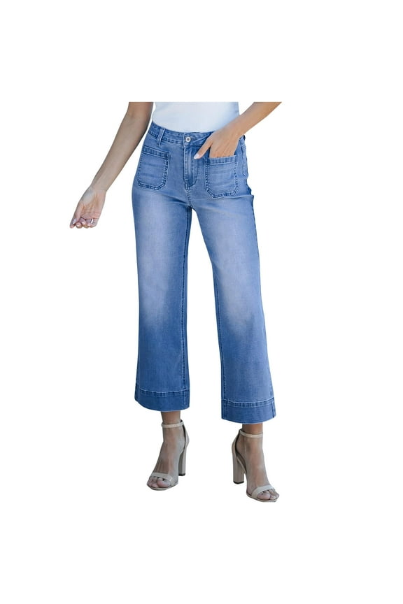 Wide Leg Jeans for Women Low Waisted Trendy Front Patch Pocket Flare Cropped Jeans Stretchy Denim Jean Pants