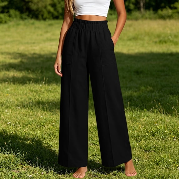 Ynynloco Wide Leg Pants Woman Cotton Linen High Waist Trousers with Pockets Casual Lounge Palazzo Pants Vacation Clothes