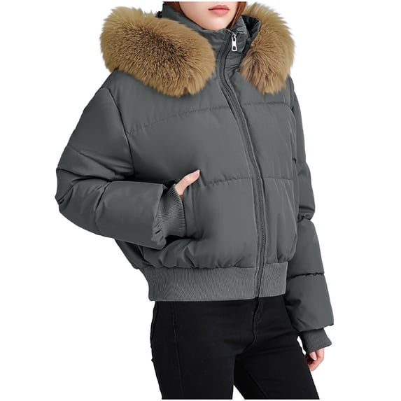 Ynynloco Winter Coats for Women Faux Fur Collar Lapel Hooded Long Sleeve Crop Puffer Jackets with Pockets Casual Solid Color 2025 Fall Winter Warm Outwear