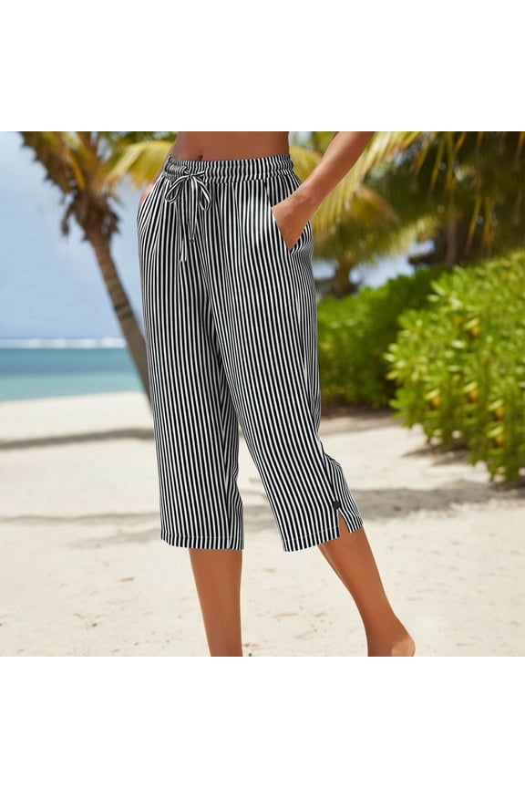 Women 100%Cotton Drawstring Elastic Waist Capri Pants Casual Side Pocket Button Split Hem Loose Fit Solid Color Summer Trousers