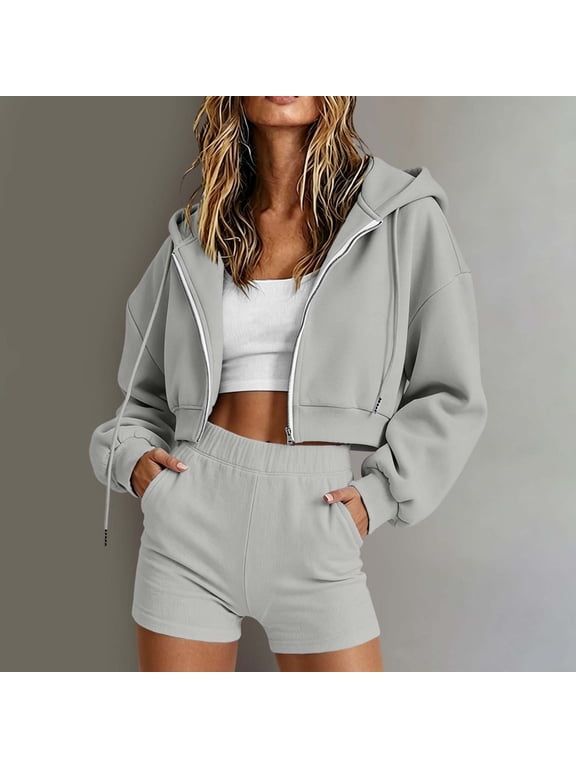 Women 2 Piece Outfits Sweatsuit Shorts Sets,Tracksuit Long Sleeve Hooded Zipper Jacket Casual Sweat Set Yoga Active Wear