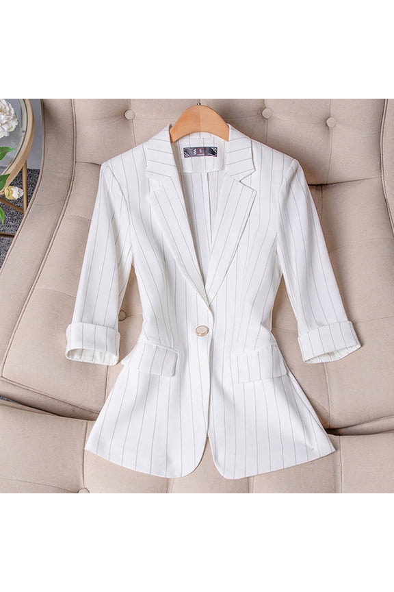 Women Business Casual Blazer with Lined Professional Work Suit Jacket Roll-Up 3/4 Sleeve Single-Button Notched Lapel Suit Jacket with Pockets