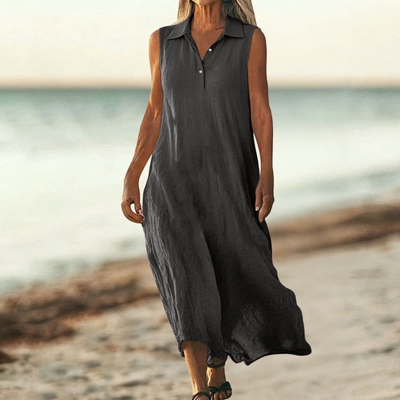 Ynynloco Women Button Down Cotton Maxi Shirt Dress Loose Sleeveless Flowy Tiered Collared Dresses with Pockets