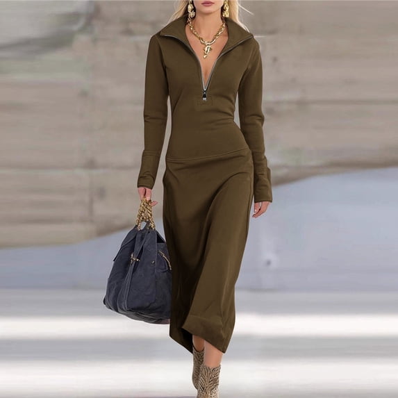 Ynynloco Women Casual Half Zip Lapel Neck Long Sleeve Slim Split Pullover Maxi Dress Casual Dress for Daily & Office