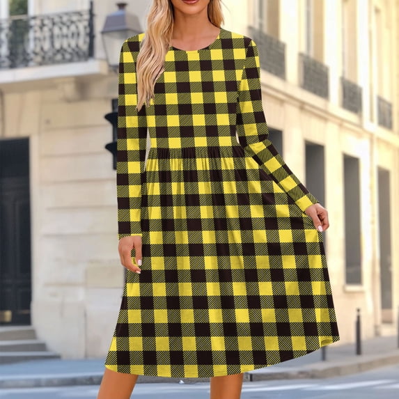 Ynynloco Women's Casual Long Sleeve High Waisted A line Dresses Pleated Waist Knee Length Loose Dress with Pockets