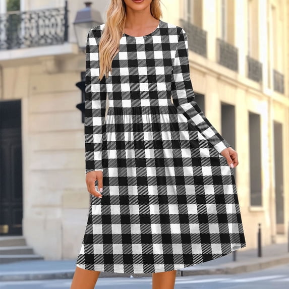 Ynynloco Women's Casual Long Sleeve High Waisted A line Dresses Pleated Waist Knee Length Loose Dress with Pockets