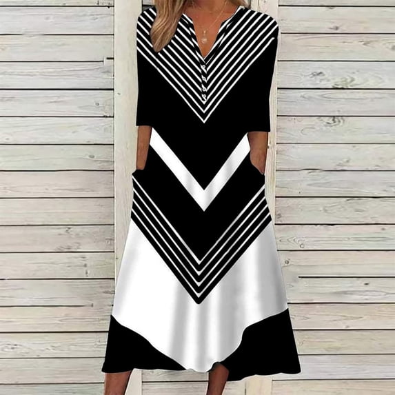 Ynynloco Women Chevron Striped 3/4 Sleeve A Line Maxi Dress – Casual Swing Dress with Pockets for Vacation Daily Wear
