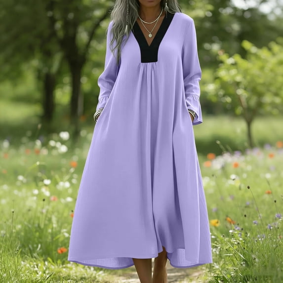 Ynynloco Women Contrast V Neck Long Sleeve Loose Fit Maxi Dress – Casual Linen Blend Dress with Pockets for Vacation Daily Wear