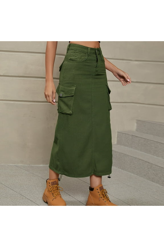Women Denim Cargo Long Skirts High Waisted A Line Pencil Skirt Midi Length Jean Skirt with Cargo Pockets