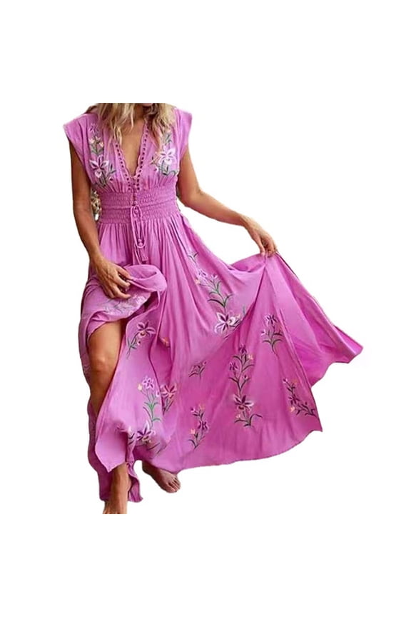 Women Floral Embroidered V Neck Sleeveless Maxi Dress – Bohemian Split Beach Dress for Vacation