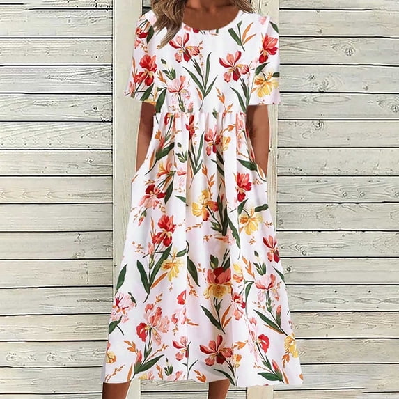 Ynynloco Women Floral Print A Line Midi Dress – Casual Summer Sundress with Pockets for Beach Vacation Daily Wear