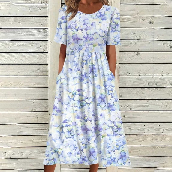 Ynynloco Women Floral Print A Line Midi Dress – Casual Summer Sundress with Pockets for Beach Vacation Daily Wear
