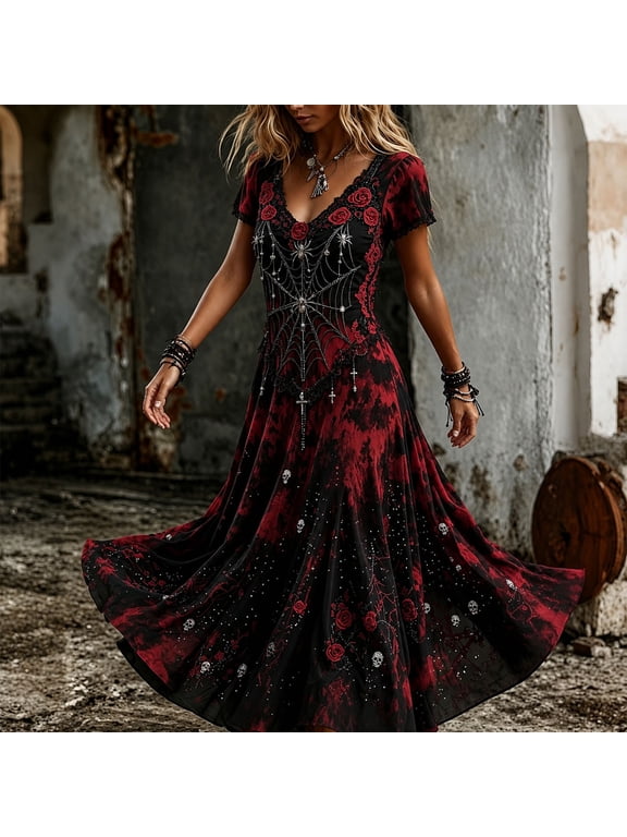 Women Flowy Halloween Gothic Maxi Printed Dress Vintage Style A-Line Party Long Dresses