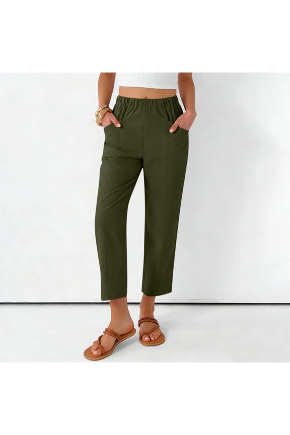Women High Waisted Relaxed Fit Elastic Knit Waist Casual Capris Trousers Cropped Pants Summer Harem Lounge with Pockets