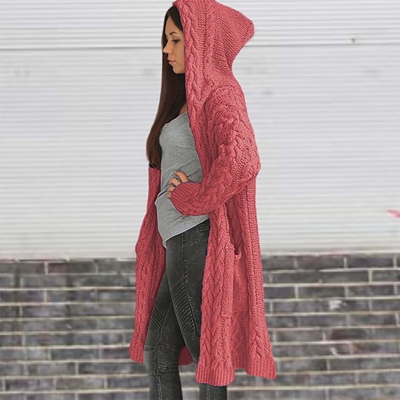 Ynynloco Women Hooded Open Front Cardigan Cable Knit Chunky Long Fall Winter Sweater Cardigan Coats with Pockets