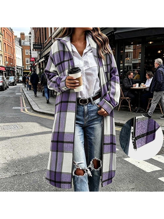 Women Lapel Shacket Jacket Trendy Fall Casual Button Long Plaid Shirt Jacket Tartan Trench Coat Winter Clothing with Pockets