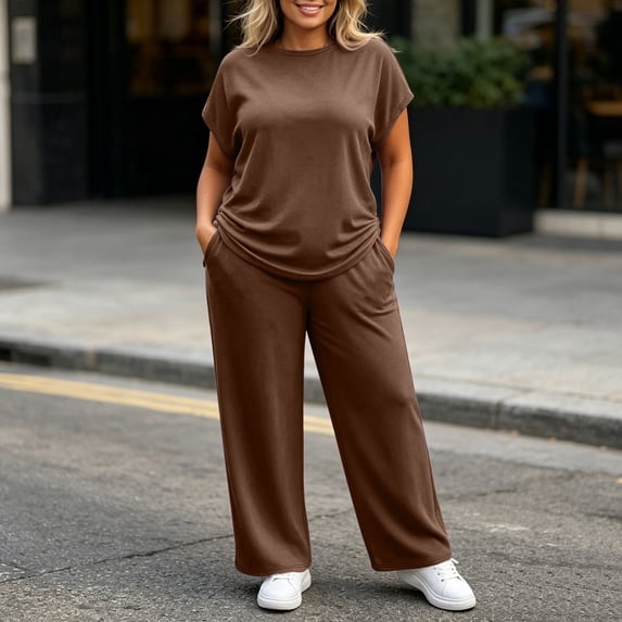 Ynynloco Women Plus Size 2 Piece Outfits Short Sleeve Pullover Top and Wide Straight Leg Pants Lounge Sets Tracksuit with Pockets
