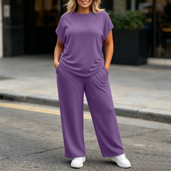 Ynynloco Women Plus Size 2 Piece Outfits Short Sleeve Pullover Top and Wide Straight Leg Pants Lounge Sets Tracksuit with Pockets