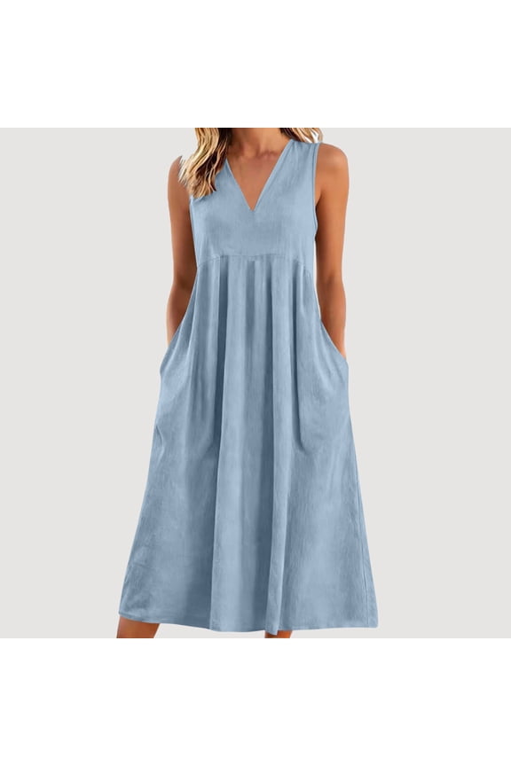 Women Summer Casual Dresses Sleeveless Midi Pleated Tank Sundress V Neck A Line Swing Tshirt Dress with Pockets