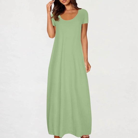 Ynynloco Women Summer Casual Maxi Long Dress Short Sleeve Crew Neck Loose Beach Vacation Sundress & Loungewear