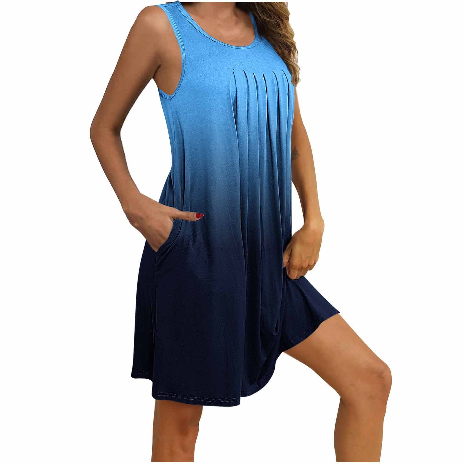 long sleeveless t shirt dress Ynynloco Women Summer Tank Midi with Pockets A-Line Swing Tshirt Nightgown Dress Midi Pleated Beach Tank Sundress, Women's, Size: 2XL Sexy Wear Size Sleeveless T Shirt Dress