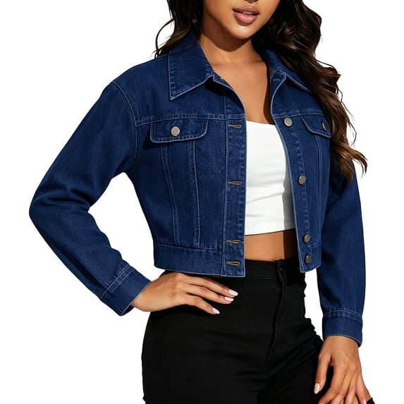 Ynynloco Women Trendy Jean Jacket Washed Distressed Denim Jacket Stretchy Cropped Denim Jacket Long Sleeve Button Down Denim Coat