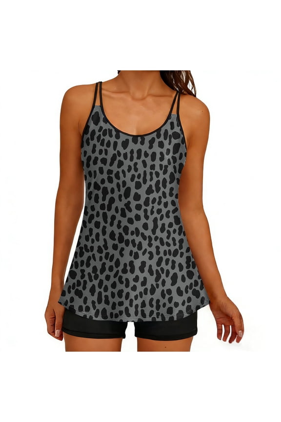 Women Two Piece Conservative Leopard Printed Tankini Halter Padded Fashion Adjustable Drawstring Swimsuit with Boyshorts