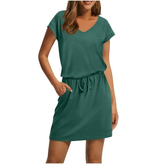 Ynynloco Women V Neck Short Sleeve Drawstring Waist Dress – Casual Loose Fit T-Shirt Dress with Pockets