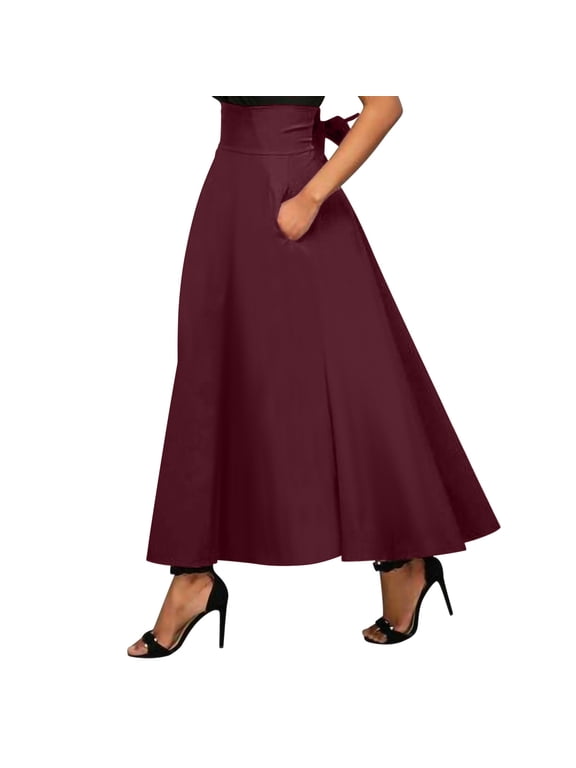 Women Vintage Skirt Smock Waist Rockabilly Swing Casual Party Skirts with Pockets