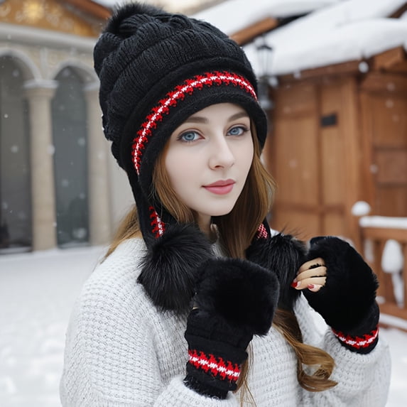 Ynynloco Women Winter Knit Warm Hat Beanie Gloves Set Pom Fleece Lined Thickened Hat with Touchscreen Gloves