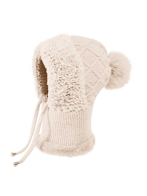 Women Winter One Piece Beanie Hat Slouchy Fleece Balaclavas Face Mask Neck Scarf Set Earmuff Ski Snow Knit Hats Pompom Fleece Lined Snow Caps
