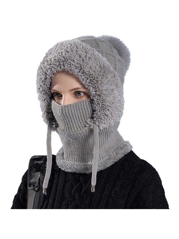 Women Winter One Piece Beanie Hat Slouchy Fleece Balaclavas Face Mask Neck Scarf Set Earmuff Ski Snow Knit Hats Pompom Fleece Lined Snow Caps