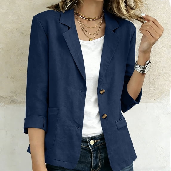 Ynynloco Women's 100%Cotton 3/4 Sleeve Blazer Business Casual 2 Button Fully-Lined Work Office Suit Jacket Slim Fit with Pockets