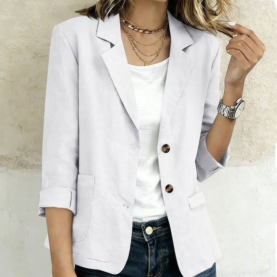 Ynynloco Women's 100%Cotton 3/4 Sleeve Blazer Business Casual 2 Button Fully-Lined Work Office Suit Jacket Slim Fit with Pockets