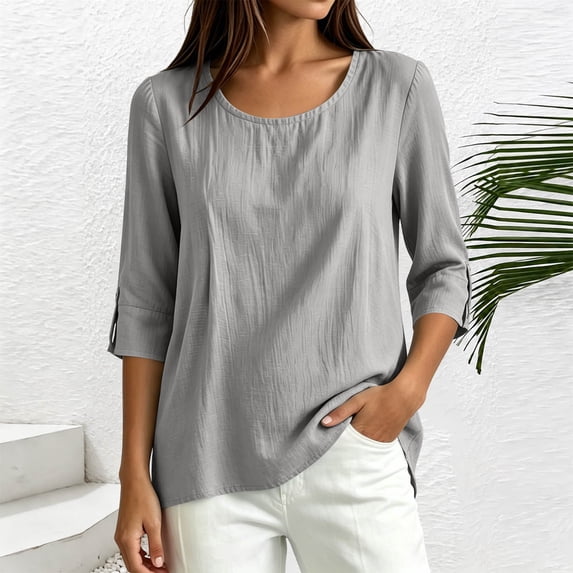 Ynynloco Women's 100%Cotton 3/4 Sleeve Blouse Crew Neck Button Down Casual Tops Loose Fit Basic Tees