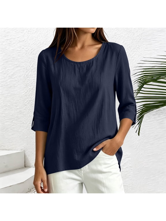 Women's 100%Cotton 3/4 Sleeve Blouse Crew Neck Button Down Casual Tops Loose Fit Basic Tees